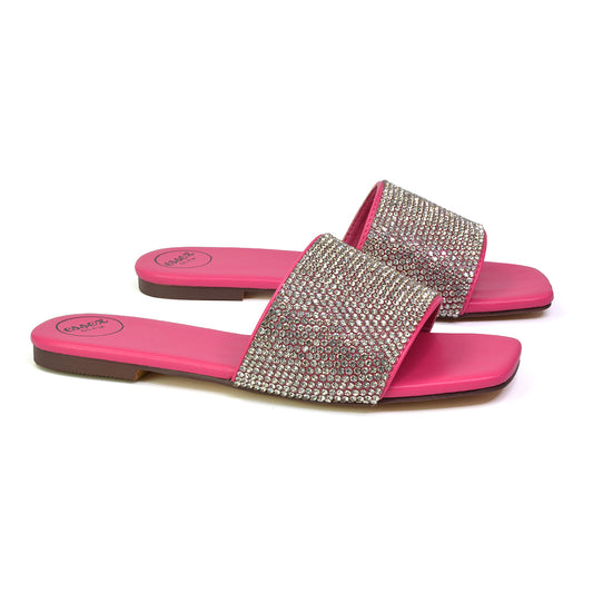 Fuchsia | XY London | pink sandals,pink flat sandals,pink diamante sandals,pink gem crystal sandals