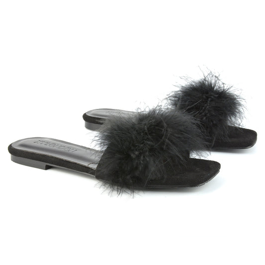 Black | XY London | Black Faux Fur,Black Fluffy Sliders,Black Fur Sliders
