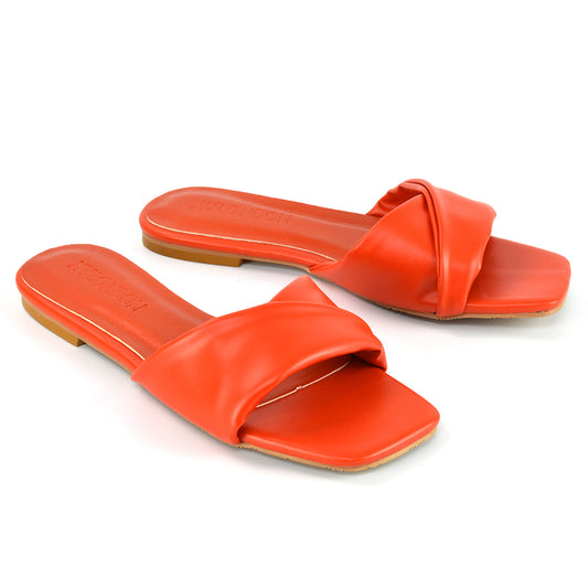 Orange | XY London | Orange Leather Sandals,Orange Square Toe Sliders,Orange Square Toe Flat Sandals,Orange Flat Sandals For Women,Orange Slides UK,orange Sliders UK