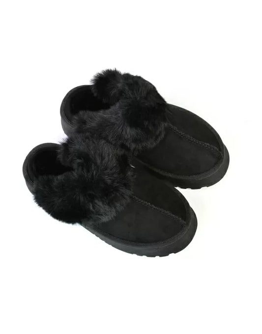 Black | XY London | black slippers ,black faux fur slippers,black flats,black flat slippers