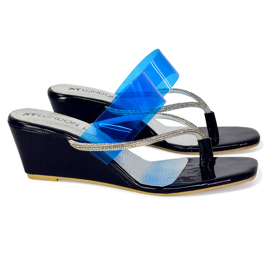 Blue | XY London | blue sandals,blue wedges,blue wedge heels,blue diamante wedges,blue diamante sandals