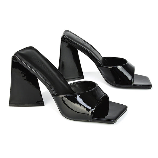 Black Patent | XY London | Black Heels,Black Flared Heels,Black Peep Toe Heels,Black Sculptured Heels,Black Heeled Mules