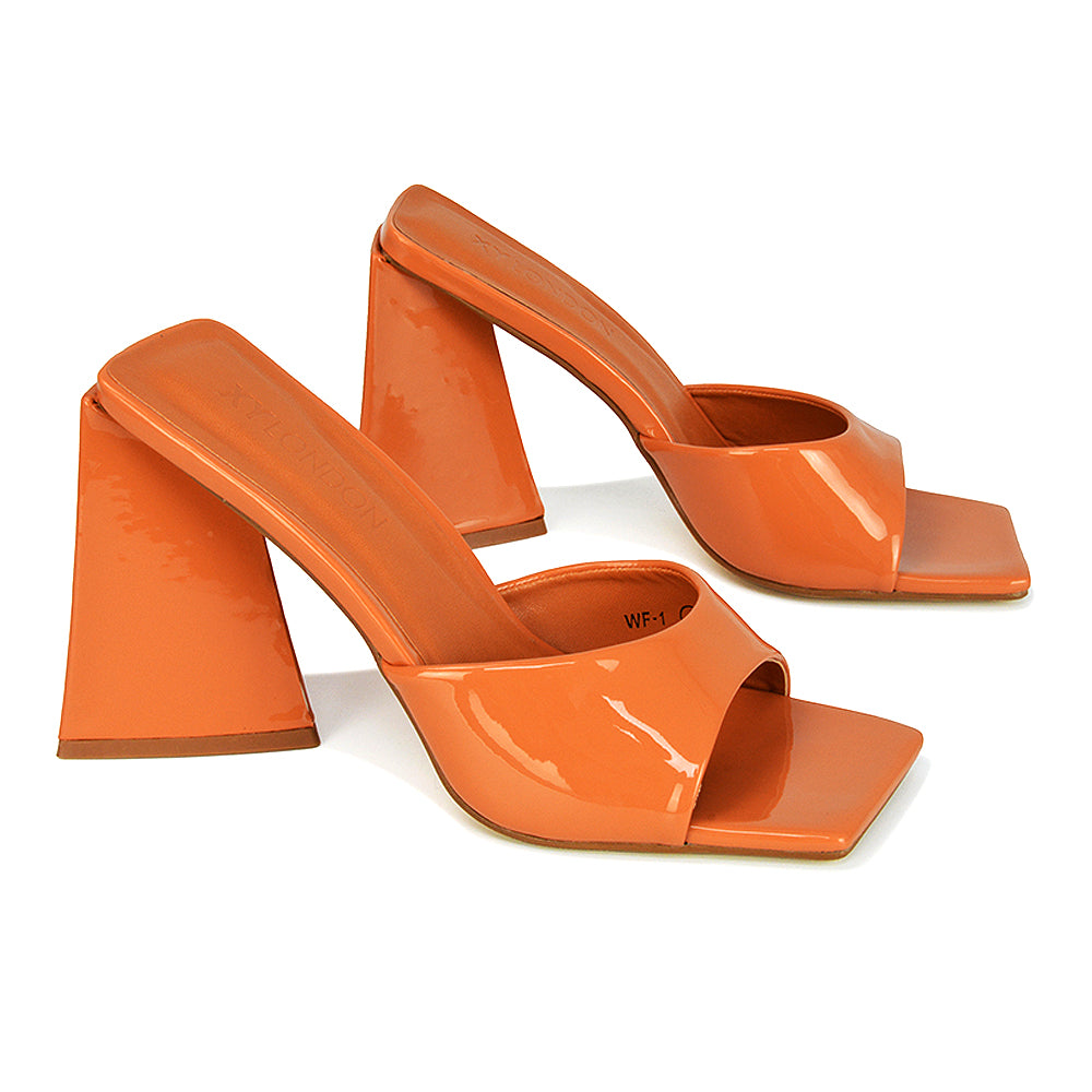 Gracia Square Peep Toe Sculptured Flared Block Heeled Mules in Orange Patent Orange UK EU 38 US