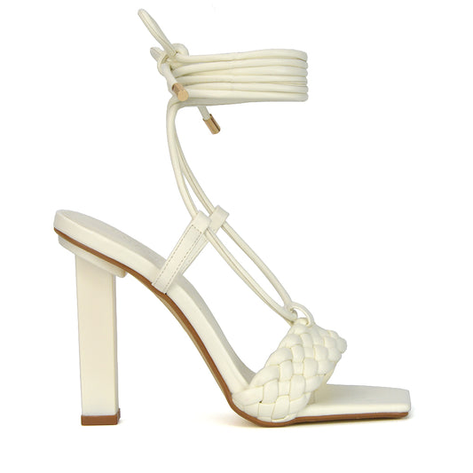 White | XY London | White Woven Heels,White Woven Sandals,White Block Heels,White Block High Heels,White Heels,White High Heels,White Lace Ups,White Strappy Heels