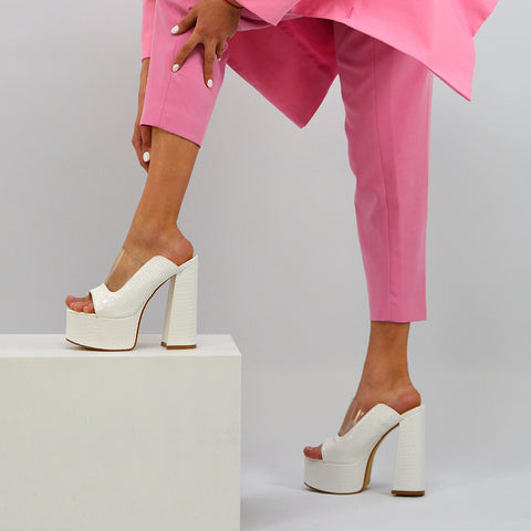 | XY London | White Mules,White High Heels, White Platform Heels, White Mule Heels,White Perspex Heels