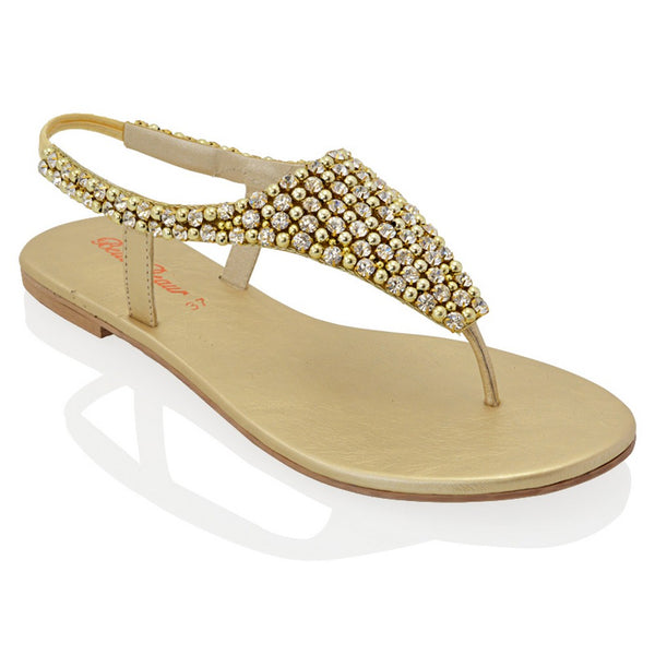 Lauren Diamante Embellished Toe Post Slingback Strap Sparkly Flat Summer Sandals