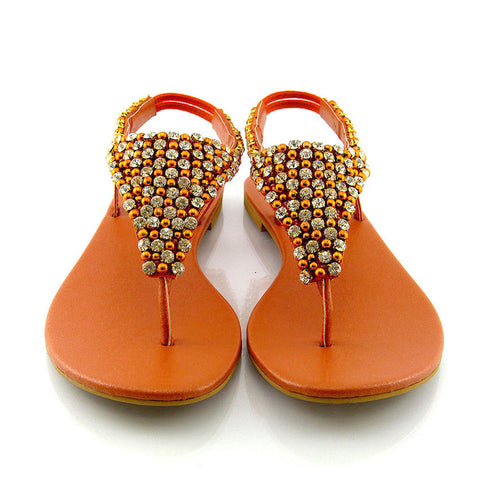 orange | XY London | orange sandals, orange flat sandals, orange diamante sandals, orange diamante flat sandals