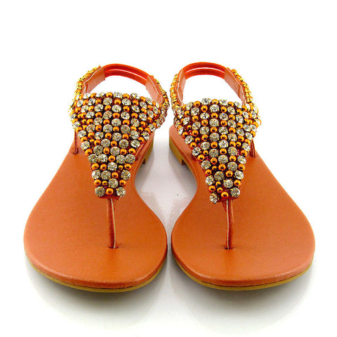 orange | XY London | orange sandals, orange flat sandals, orange diamante sandals, orange diamante flat sandals