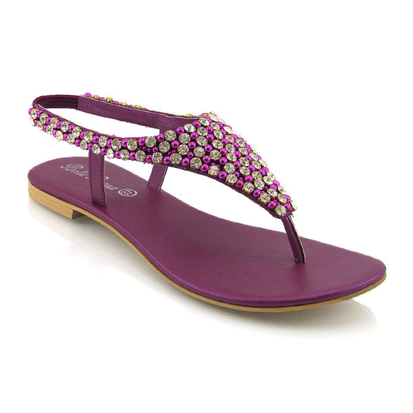 LAUREN DIAMANTE EMBELLISHED TOE POST STRAPPY SLINGBACK SPARKLY FLAT SUMMER SANDALS