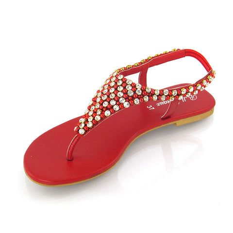 red | XY London | red sandals, red flat sandals, red diamante sandals, red diamante flat sandals