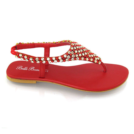red | XY London | red sandals, red flat sandals, red diamante sandals, red diamante flat sandals