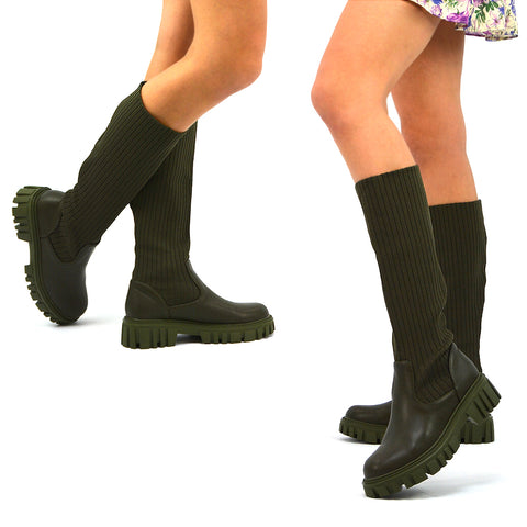 | XY London | green knee high boots,green boots, khaki boots, green long boots,green chunky boots,green flat boots