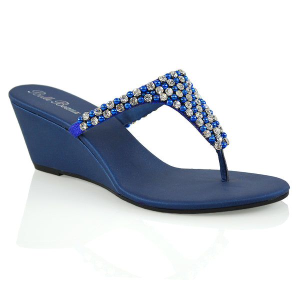 Logan Diamante Embellished Sparkly Statement Strappy Toe Post Thong Wedge Sandal High Heels