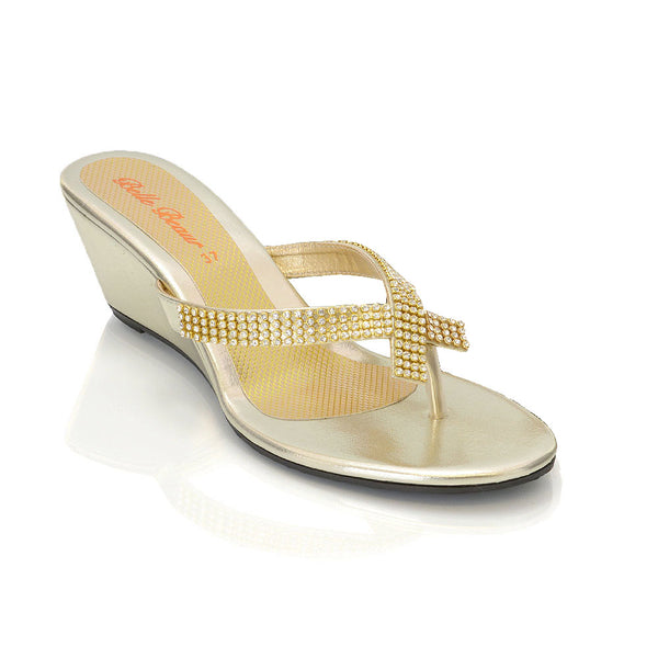 JULIETTA TOE POST SPARKLY DIAMANTE CROSS OVER STRAP SLIP ON WEDGE HEEL SANDALS