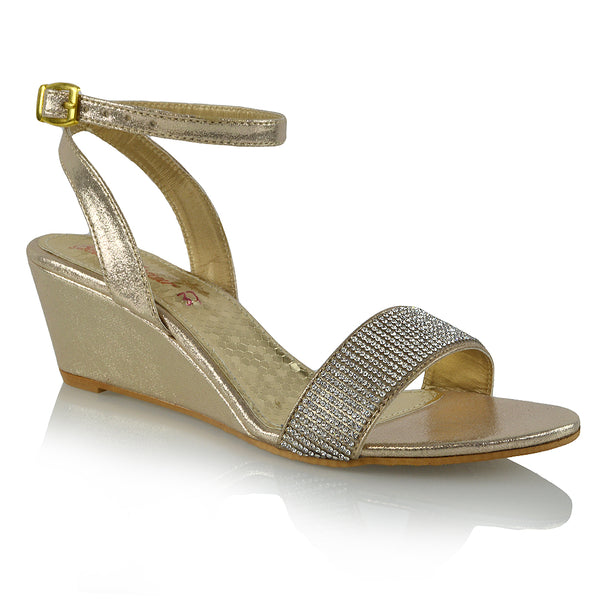 REAGAN DIAMANTE SPARKLY FRONT STRAP BUCKLE DETAIL SANDAL WEDGE LOW HEELS
