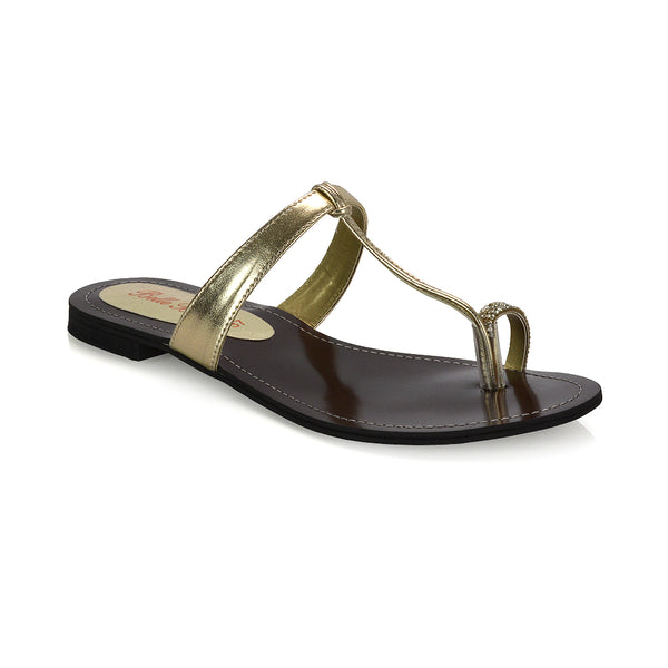 Lala Flat Strappy Diamante Detail Toe Ring Slider Summer Sandals Metallic