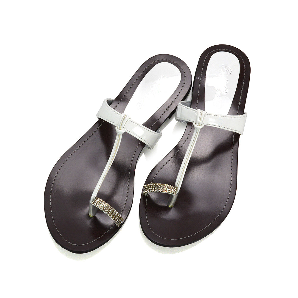 WHITE | XY London | white patent sandals ,summer sandals,diamante sandals ,toe post sandals ,flat shoes