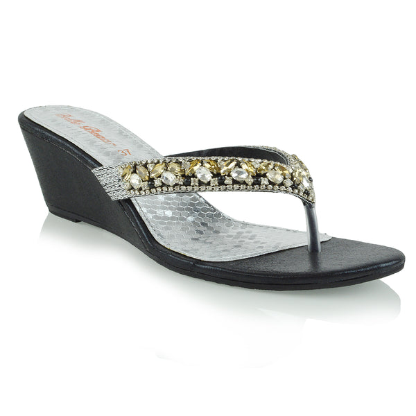 Delilah Toe Post Diamante Strappy Wedge Heel Sandal Mules
