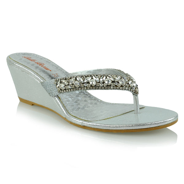 Delilah Toe Post Diamante Strappy Wedge Heel Sandal Mules