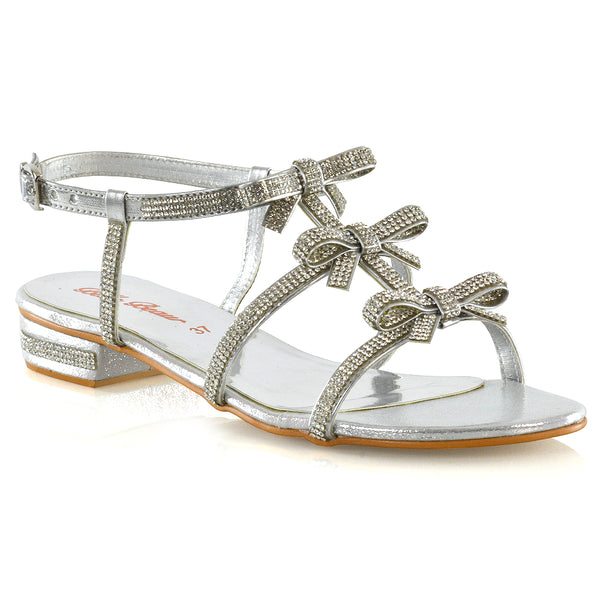 KENZIE LOW BLOCK HEEL BOW DETAIL SPARKLY DIAMANTE ANKLE STRAP FLAT SANDALS