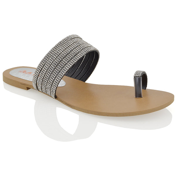 SKYE SLIP ON DAINTY SPARKLY STRAPPY TOE RING POST HIGH SHINE DIAMANTE FLAT SANDALS