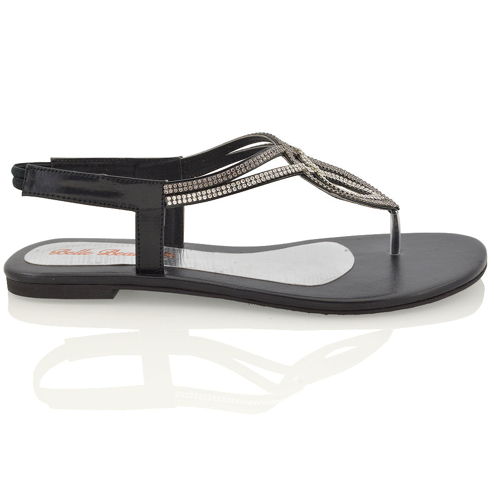 BLACK | XY London | flat diamante sandals , flat sandals for women,sandals with straps ,summer sandals for women