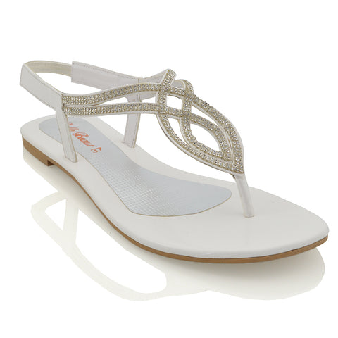 white | XY London | diamante sandals , women's flat sandals ,sandals with straps , flat diamante sandals ,summer sandals for women , holiday wear