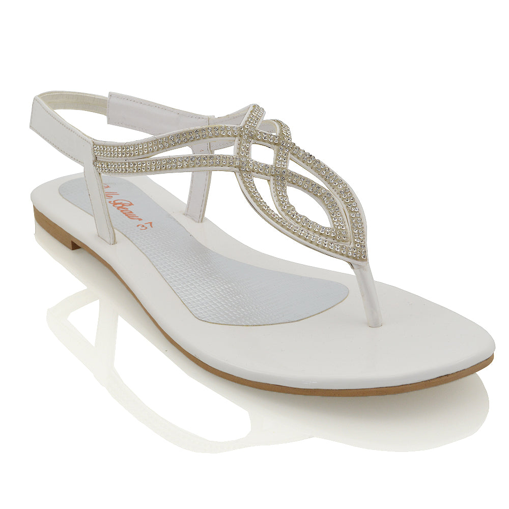 white | XY London | diamante sandals , women's flat sandals ,sandals with straps , flat diamante sandals ,summer sandals for women , holiday wear