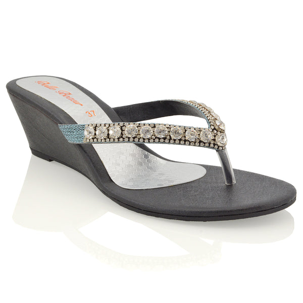 EVA THONG TOE POST STRAPPY SPARKLY GEM STONE DIAMANTE WEDGE SANDALS MID HEELS