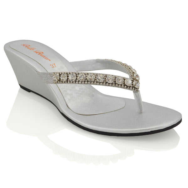 EVA THONG TOE POST STRAPPY SPARKLY GEM STONE DIAMANTE WEDGE SANDALS MID HEELS