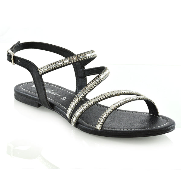 Mercedes Flat Diamante Sandals Buckle Ankle Strap