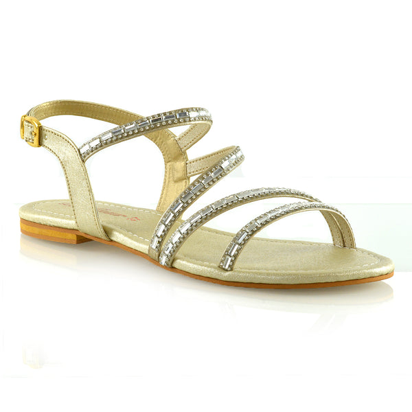 Mercedes Flat Diamante Sandals Buckle Ankle Strap
