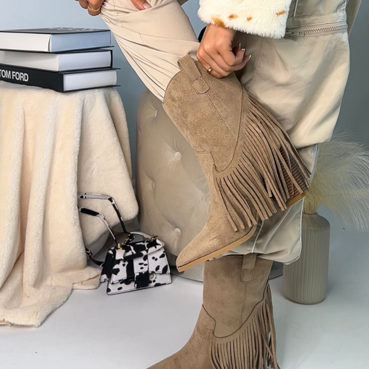 taupe block high heel cowboy ankle boots, fringe cowboy ankle boots with block heel