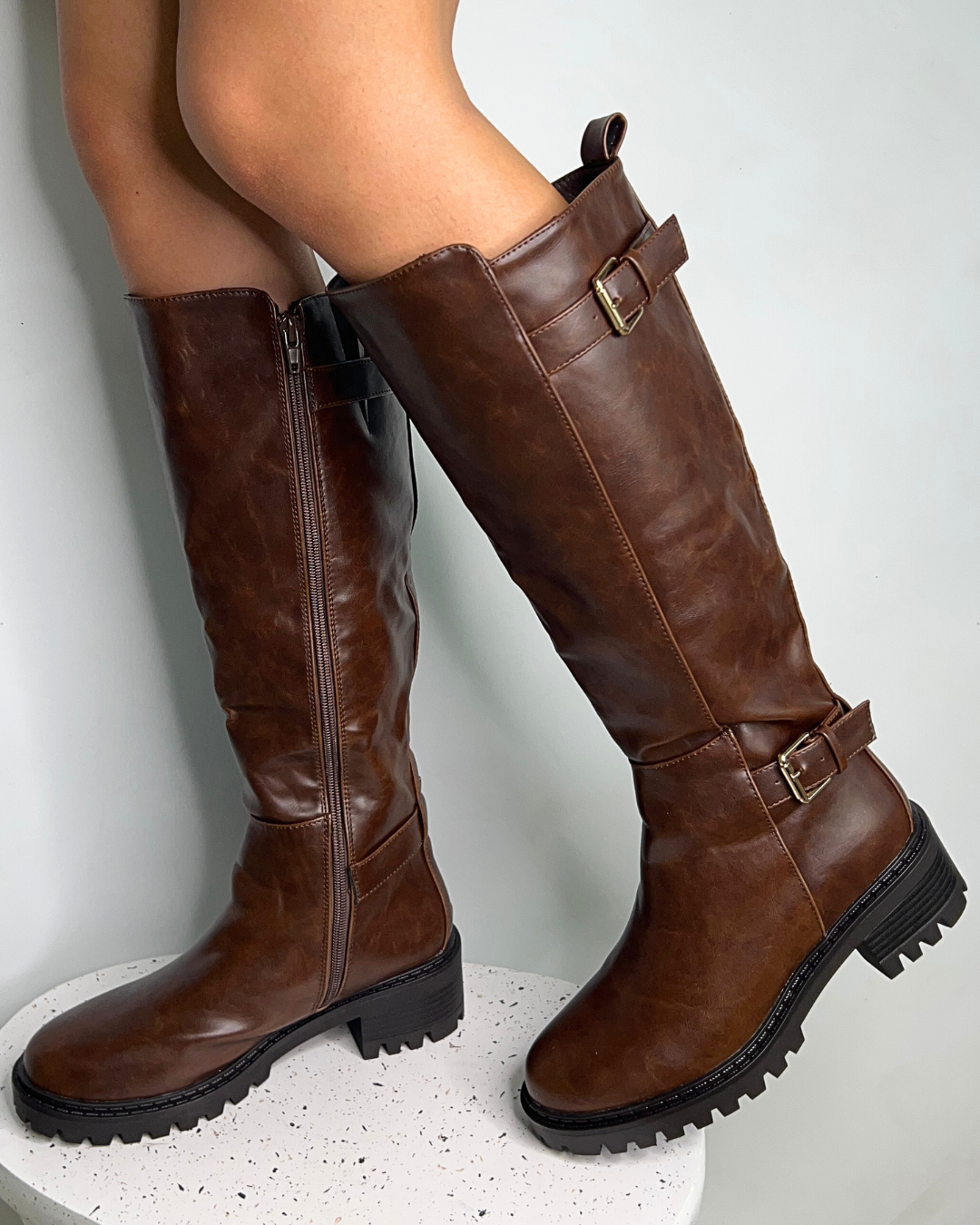 brown chunky knee high boots, brown chunky biker boots