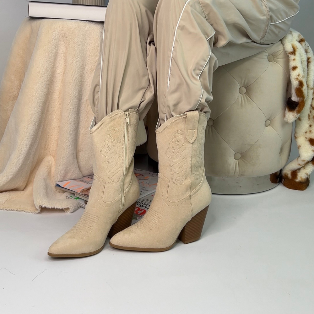 beige block heel ankle cowboy boots, faux suede cowboy boots for festivals and concerts, harry styles concert boots
