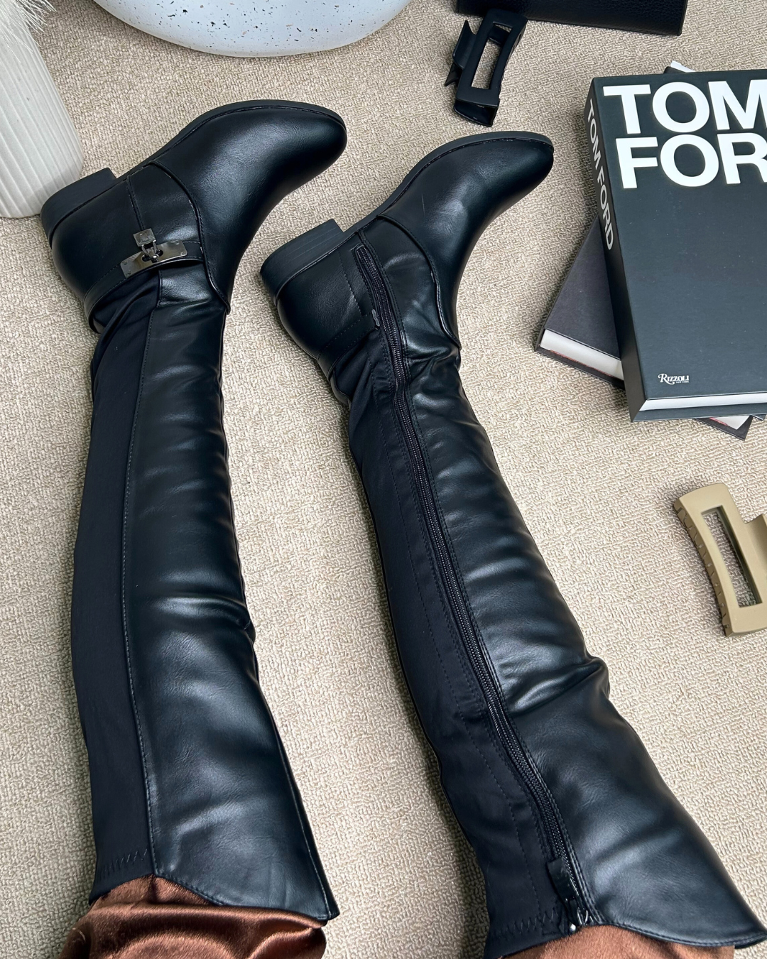 black over the knee boots, flat over the knee boots