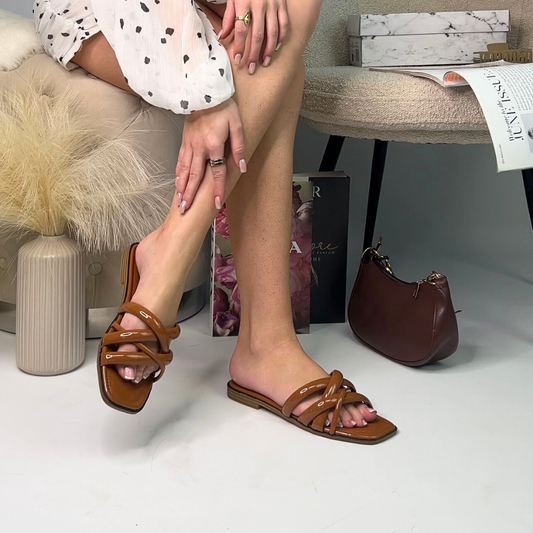 brown flat sandals for holidays, square toe slip on flat sandals, womens sandals for holidays