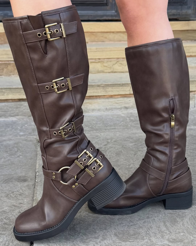 brown buckle biker boots for festival and concerts, chunky boots, coachella boots