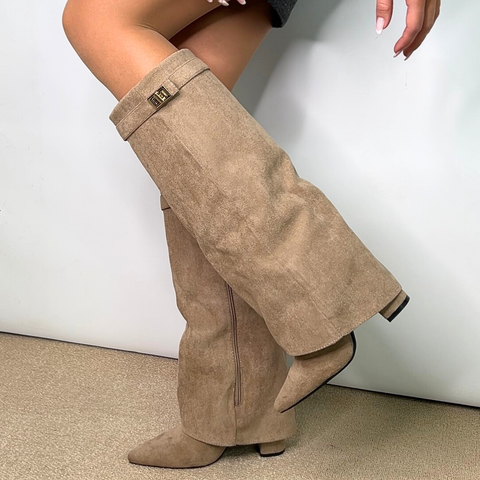 taupe boots, block heeled fold over boots, suede boots, faux suede boots, going out boots, women's going out boots