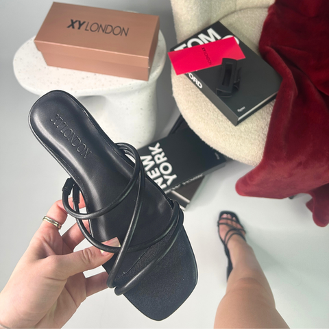 black strappy sandals, black slip on strappy sliders, holiday sandals, summer sandals