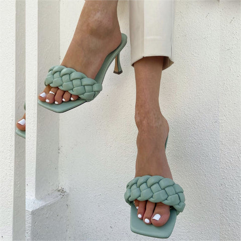 mint | XY London | Mint Heels,Mint Mules,Mint Square Toe Heels,Mint Mules,Mint Strappy Heels,Woven Strap Sandals,woven heels, high heels, green shoes, green heels,green shoes