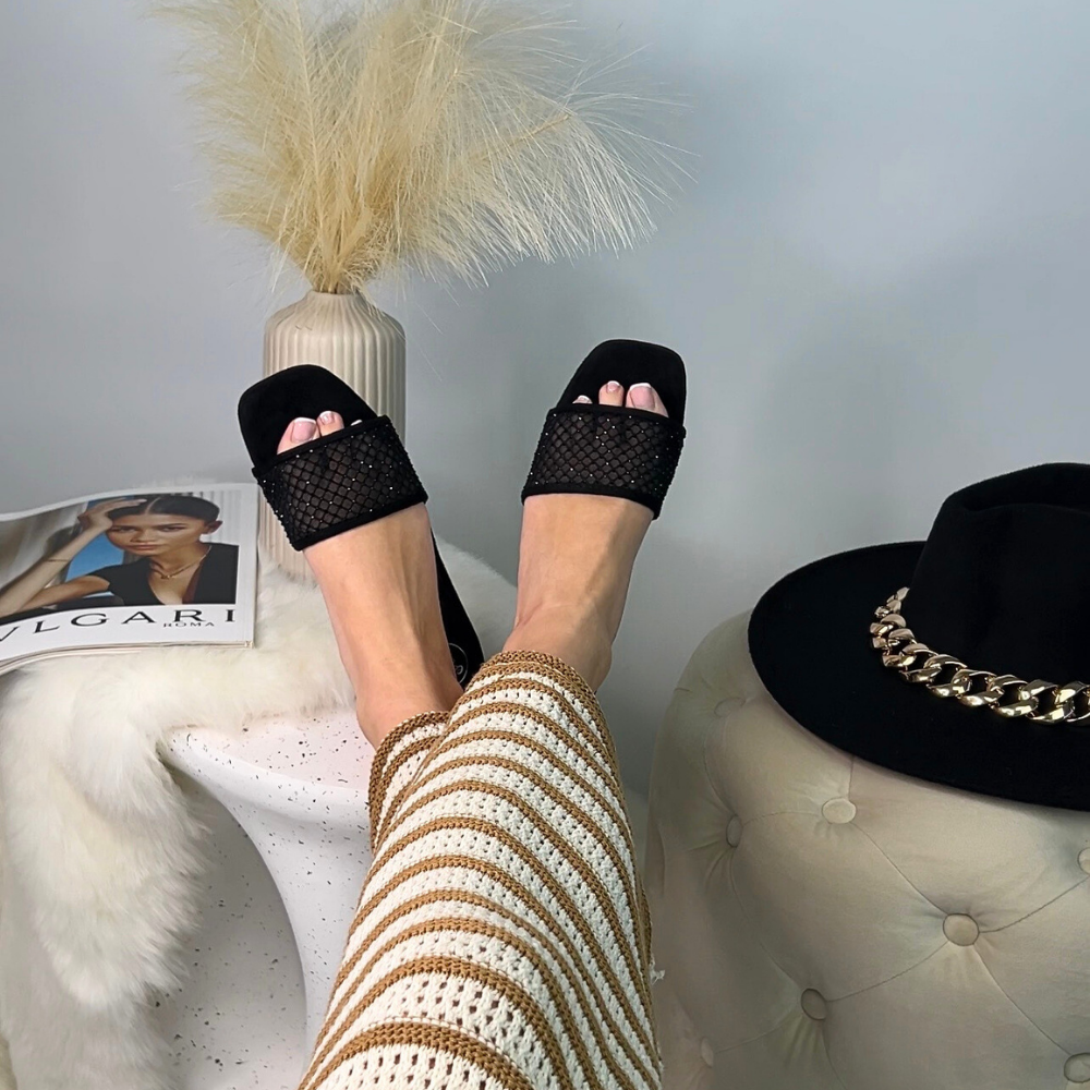sparkly flat sandals, sparkly sliders, black square toe sandals