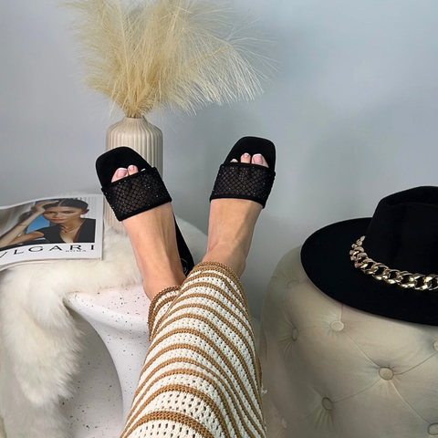 sparkly flat sandals, sparkly sliders, black square toe sandals