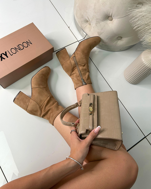 taupe block heel zip up ankle boots for women, suede ankle boots