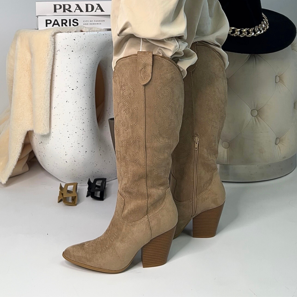 taupe block heel knee high cowboy boots, block heeled boots