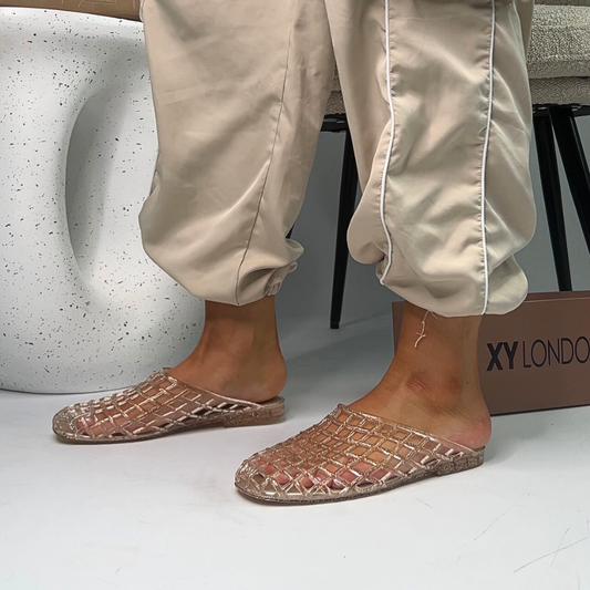 jelly slip on flat sandals, beige glitter sandals, closed toe mule sandals