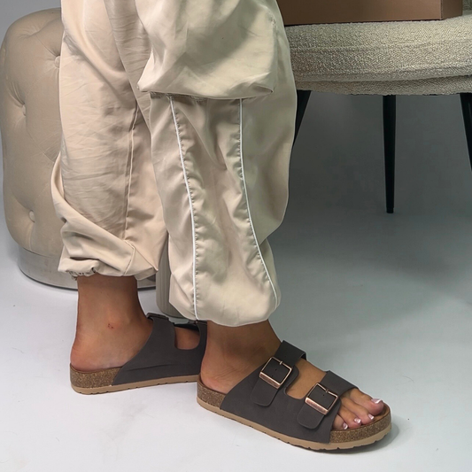 brown sandals for summer, double buckle flat slides