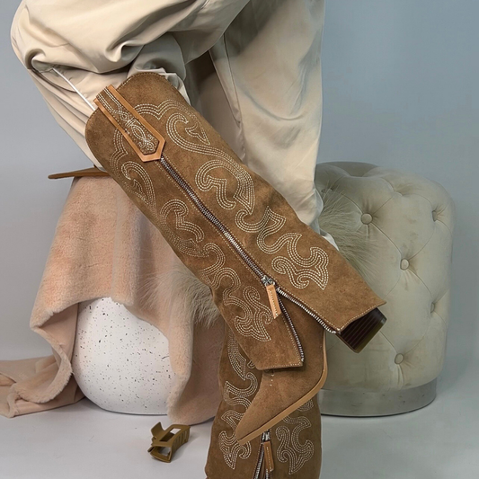 rhinestone embellished knee high cowboy boots, tan knee high block heeled boots