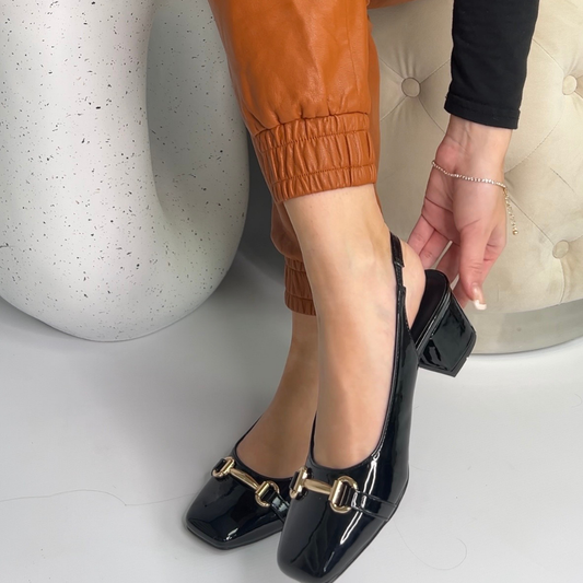 black mid block heel sandals, slingback mid block heel square toe sandals