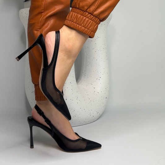 black stiletto slingback closed toe court shoes